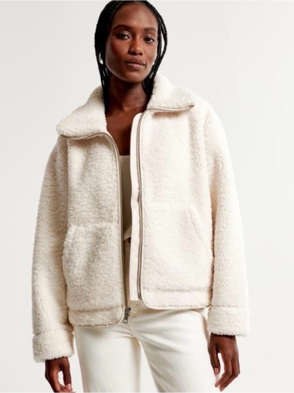 Abercrombie & Fitch Off-White Teddy Sherpa Zip Jacket